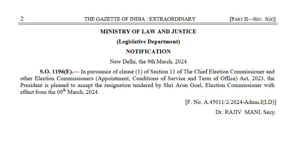 BREAKING : लोकसभा इलेक्शन के पहले चुनाव आयुक्त Arun Goyal ने दिया इस्तीफा, जानिए क्या हैं वजह...?