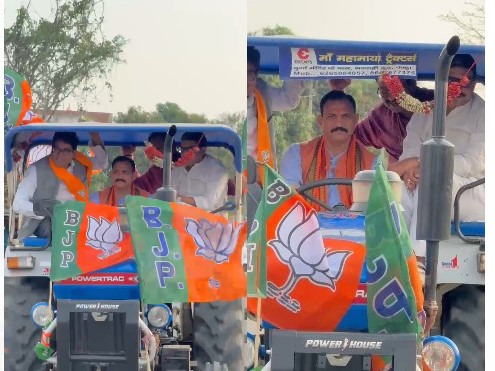 Shyam Bihari Jaiswal driving a tractor : स्वास्थ्य मंत्री का अलग अंदाज; ट्रैक्टर चलाते हुए सभा में   मंत्री जायसवाल, वित्त मंत्री ओपी चौधरी भी साथ नजर आए, देखें VIDEO 