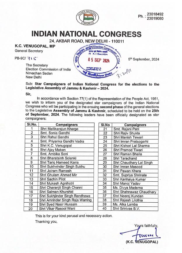 BREAKING : कांग्रेस ने J-K  विधानसभा चुनाव के लिए जारी की स्टार प्रचारकों की लिस्ट, राहुल, प्रियंका गांधी समेत 40 बड़े नाम शामिल