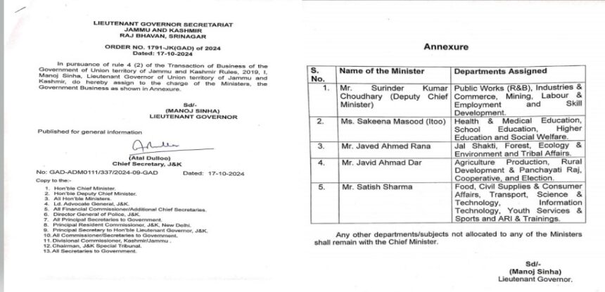 BIG NEWS : जम्मू कश्मीर में मंत्रियों के विभागों का हुआ बंटवारा