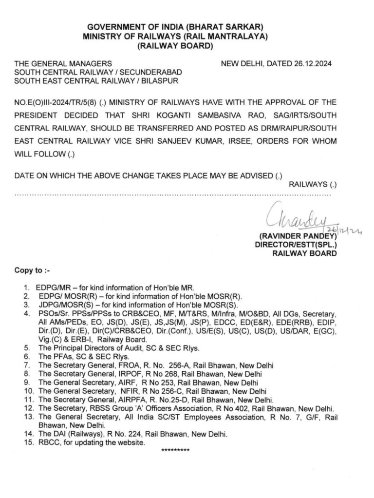 CG TRANSFER BREAKING : रेलवे बोर्ड ने रायपुर-बिलासपुर समेत 23 रेल मंडलों के DRM का किया तबादला