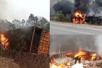 CG BREAKING : NH - 130 में ट्रक और कार में हुई जोरदार भिड़ंत के बाद लगी भीषण आग, कार में फंसे दो लोग 