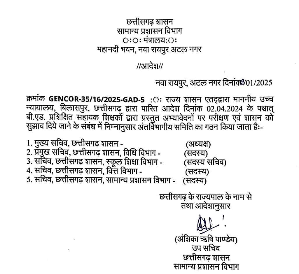 CG BREAKING : बीएड शिक्षकों के मामलों पर निर्णय के लिए राज्य सरकार ने बनाई हाईटेक कमेटी 