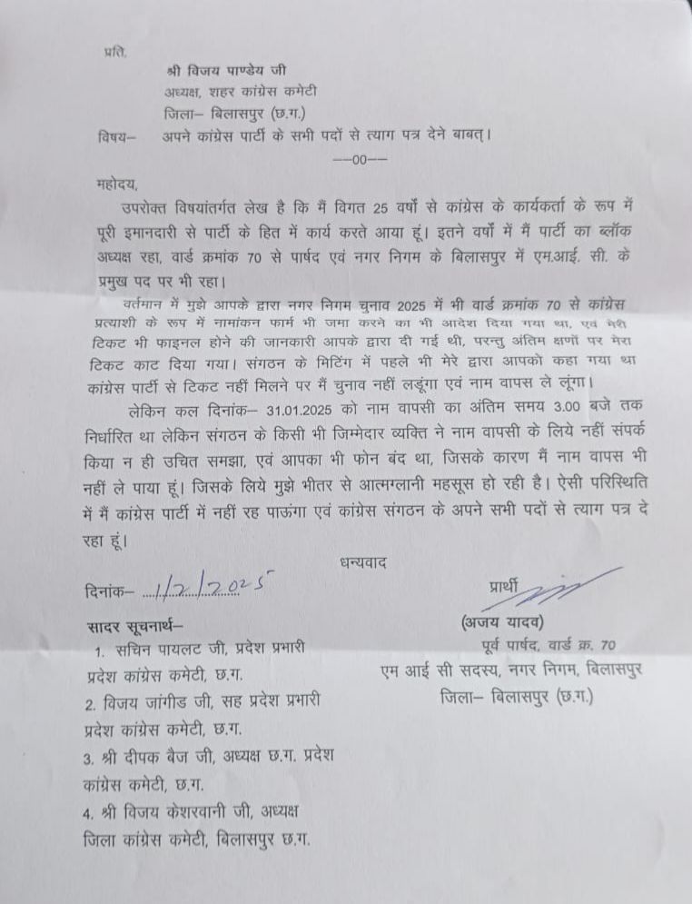 Chhattisgarh : बी-फार्म न देने और फार्म वापसी का समय न मिलने से नाराज कांग्रेस नेताओं ने पार्टी से दिया इस्तीफा....