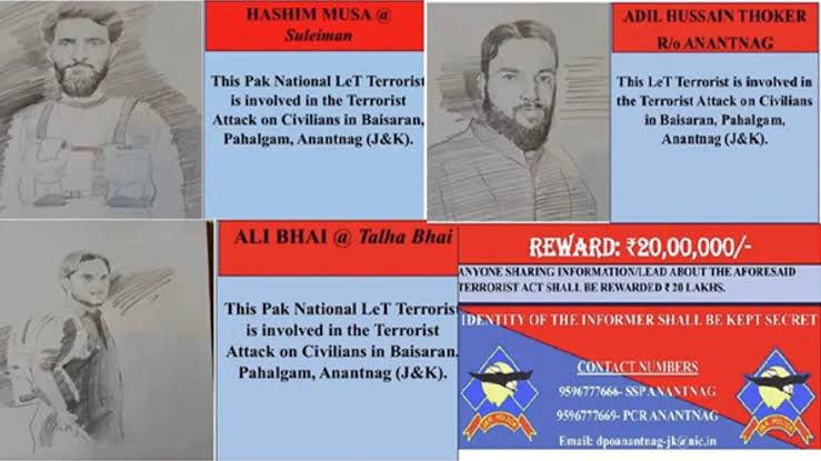 Pahalgam Attack : पहलगाम अटैक के आतंकियों के पोस्टर जारी, सूचना देने वाले को मिलेगा 20-20 लाख का इनाम
