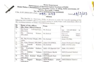 दिल्ली के उपराज्यपाल वीके सक्सेना ने पुलिस स्थापना बोर्ड की सिफारिश पर तत्काल प्रभाव से दिल्ली पुलिस में तैनात 38 आईपीएस/दानिप्स अधिकारियों के स्थानांतरण/तैनाती के आदेश दिए हैं।