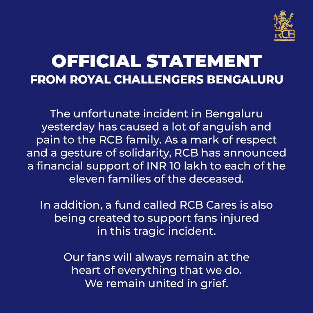 Bengaluru Stampede : बेंगलुरु भगदड़ में 11 मौतें; मृतकों के परिजनों को 10-10 लाख रुपये देगी RCB