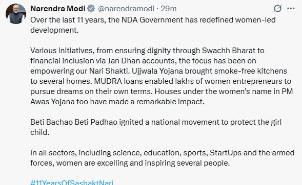 PM Modi ने सोशल मीडिया पोस्ट में की 11 वर्षों की उपलब्धियां, लिखा महिलाओं के नेतृत्व वाले विकास को दी नई परिभाषा”