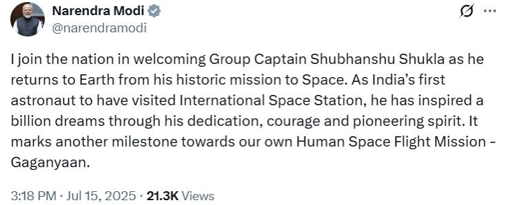 अंतरिक्ष से धरती पर लौटे Shubhanshu Shukla, PM मोदी ने दी बधाई, कहा – ‘करोड़ों सपनों को दी प्रेरणा’